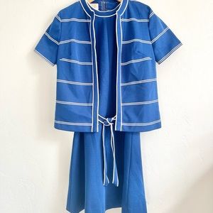 Vintage Blue White Stripe Office Secretary Belt Knit Dress Cardigan Set 70s